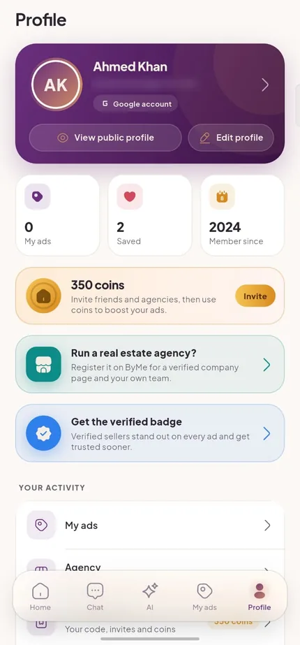 Profile with badges and coins